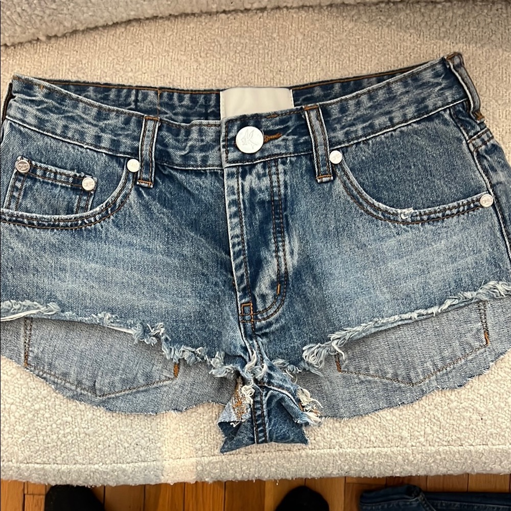 One Teaspoon Blue Frayed Jean Shorts